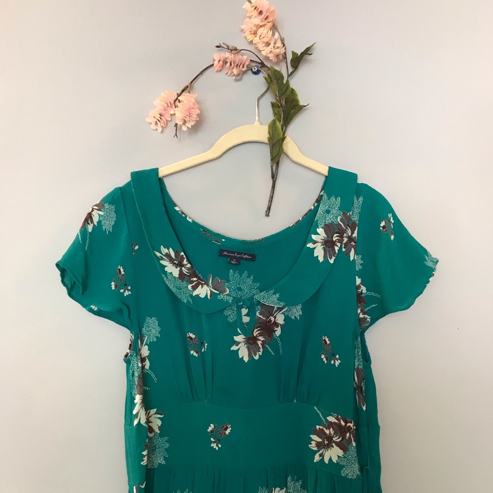 American Eagle | Teal green floral dress || Peter Pan collar | Jewel Tone